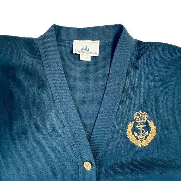 Vintage 80s Bay Point Threads Navy and Gold Nautical V neck cardigan Size Large - Picture 1 of 8